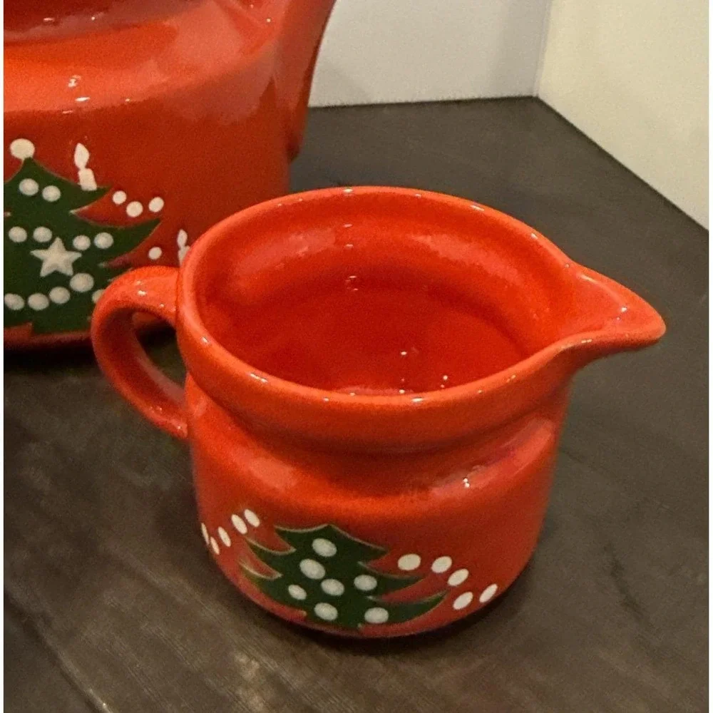 Waechtersbach Christmas Tree 5 Cup Red Ceramic Teapot Sugar Creamer Set Germany